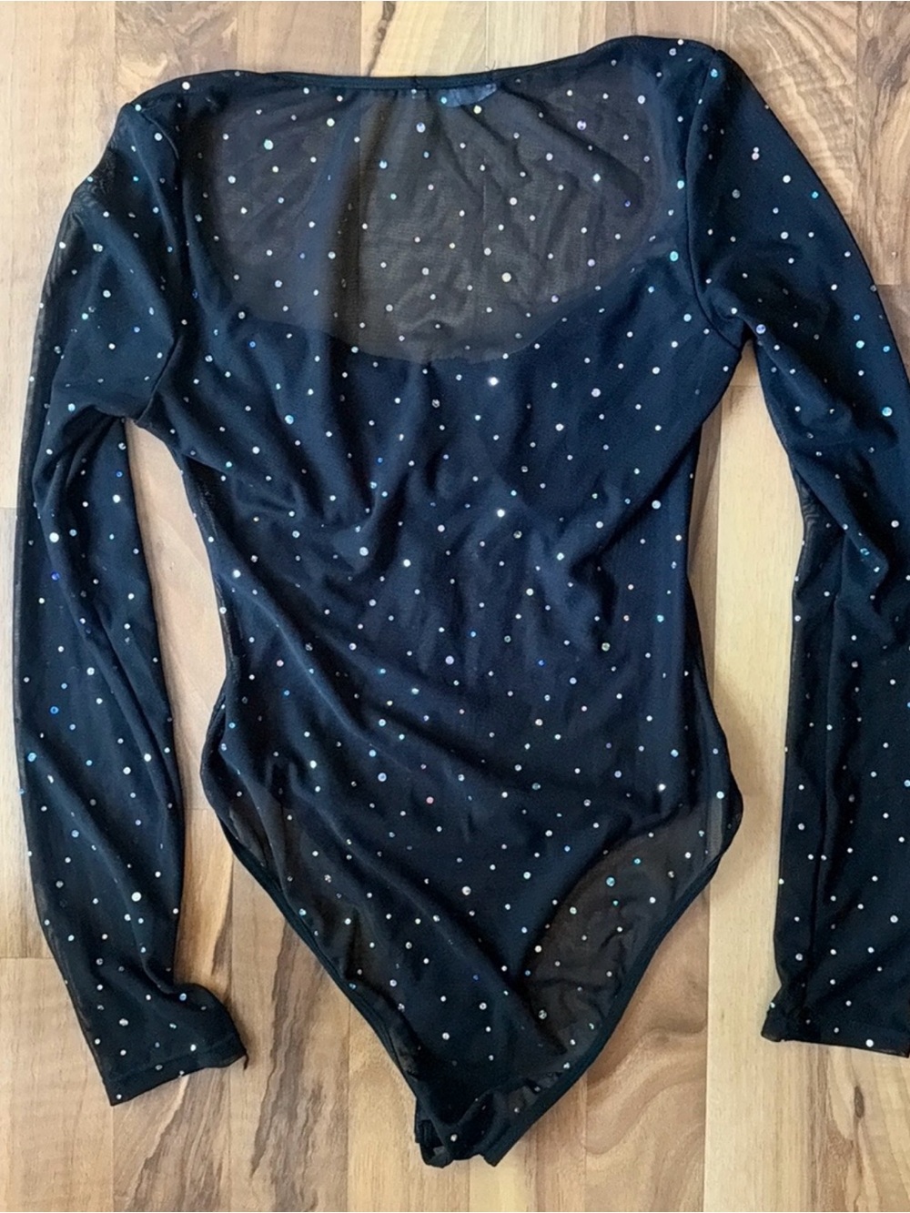 Black Rhinestone Mesh Long-Sleeve Bodysuit - Picture 7 of 7